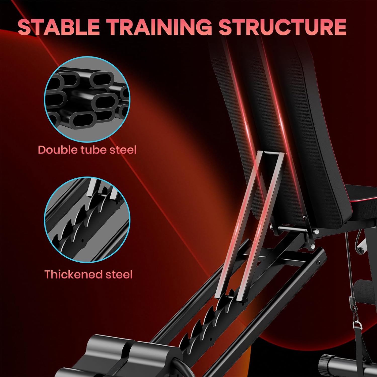 Gym bench with stable training structure highlighted, featuring double tube steel and thickened steel components.