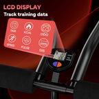 Exercise bike console with LCD display showing various training data on a dark background