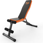 Orange and black adjustable weight bench on a white background