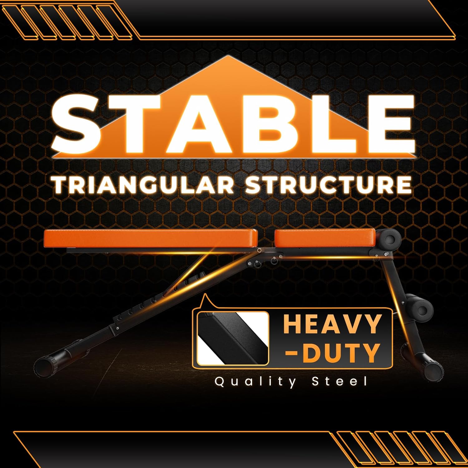 Heavy-duty workout bench with 'Stable Triangular Structure' and 'Heavy-Duty Quality Steel' text on a dark background.