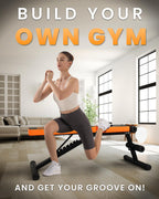 Woman exercising in a home gym with text 'Build Your Own Gym' and 'And Get Your Groove On!'.