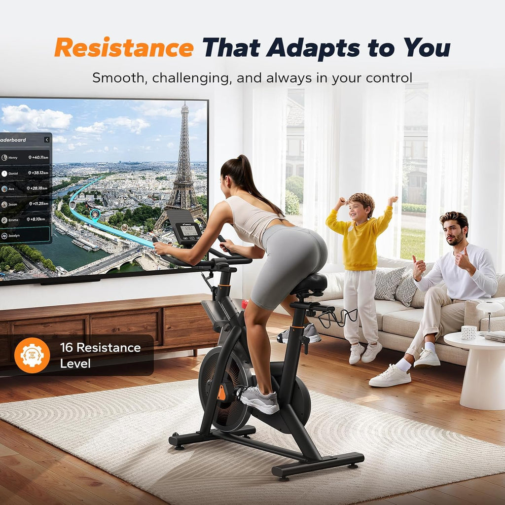 Woman exercising on a Fitvect stationary bike in a living room with her familiy.