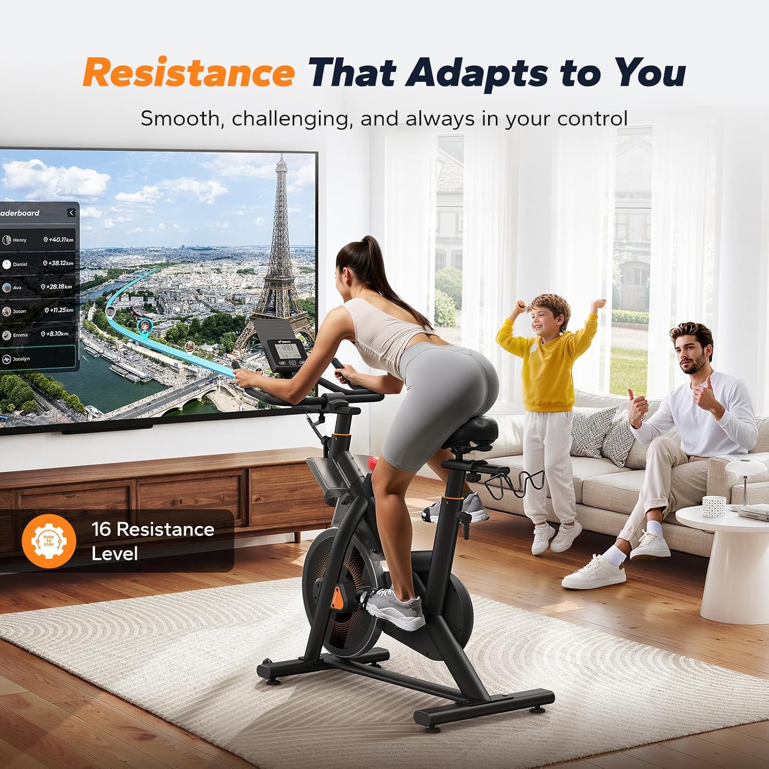Woman exercising on a Fitvect stationary bike in a living room with her familiy.