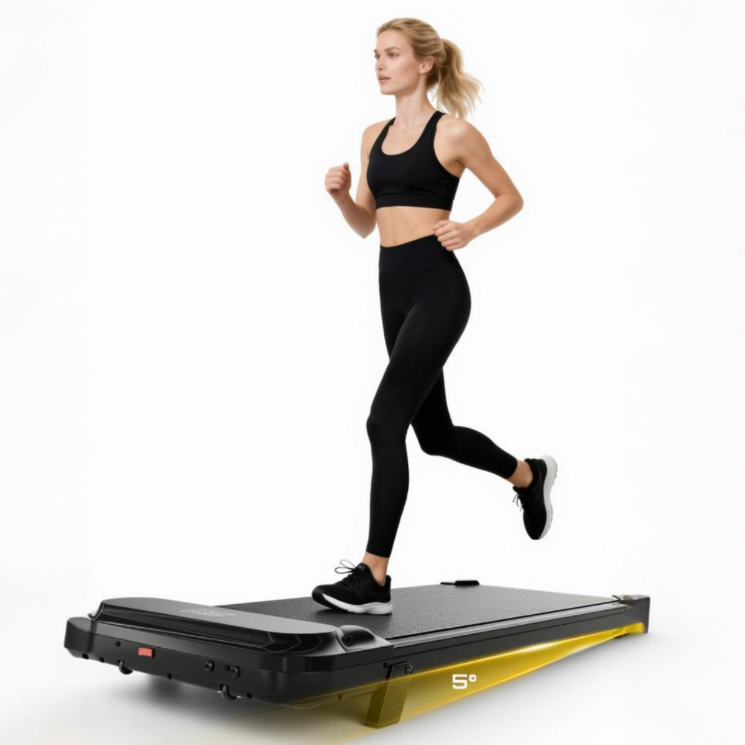 Woman running on a treadmill with a white background