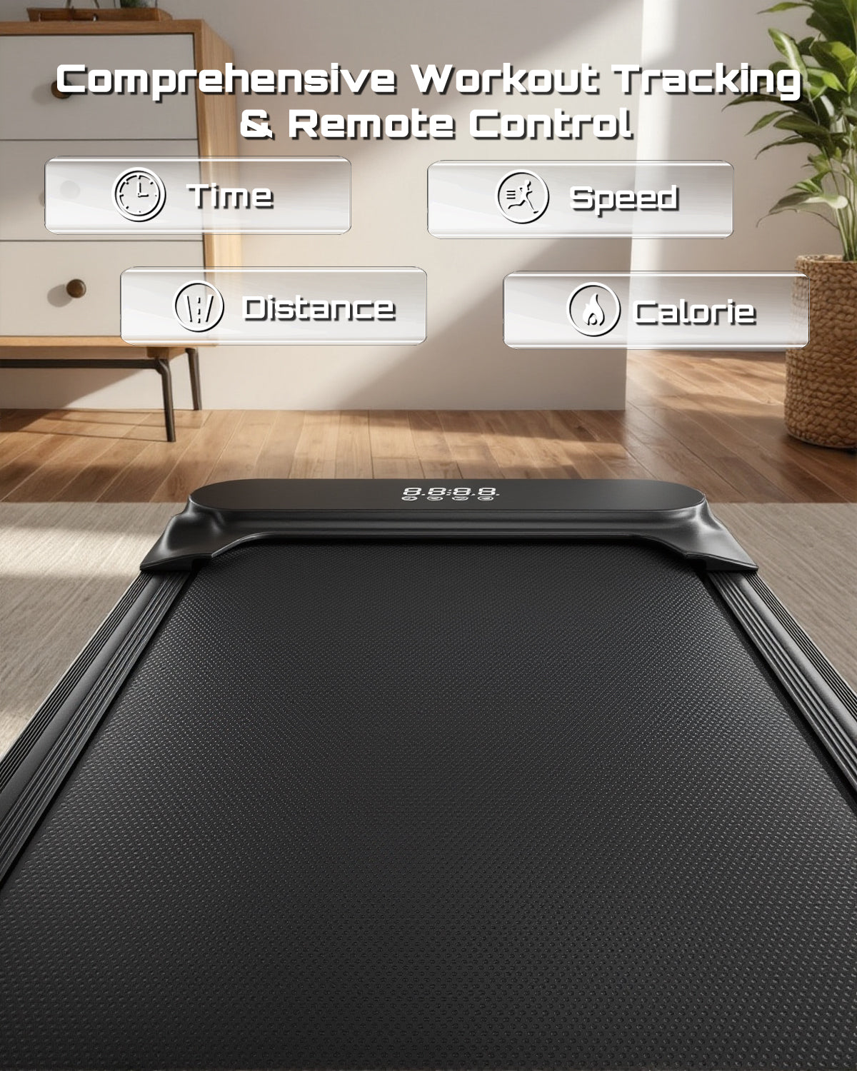 Black treadmill with workout tracking features displayed on a screen in a room.