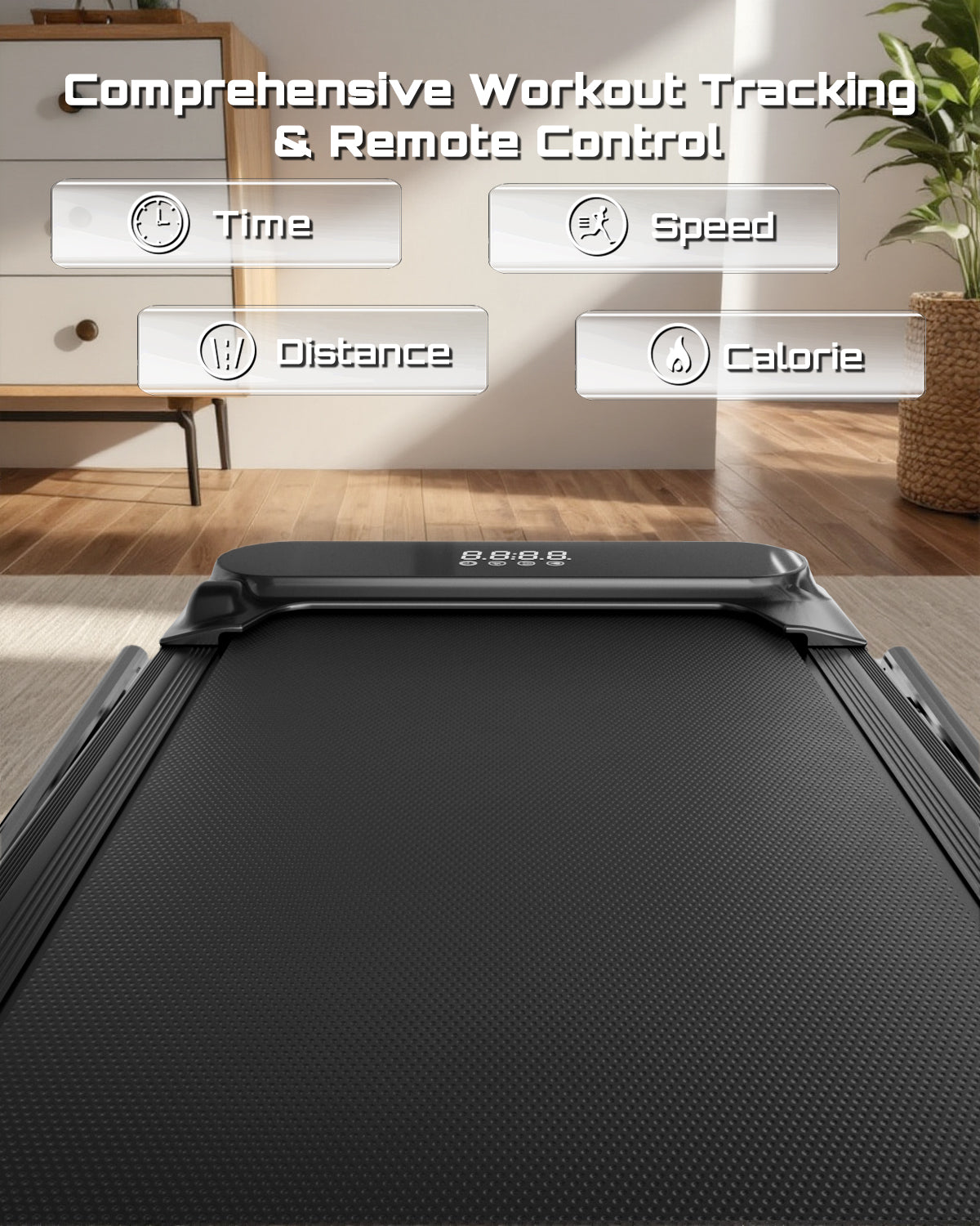 Treadmill with workout tracking features displayed on a screen