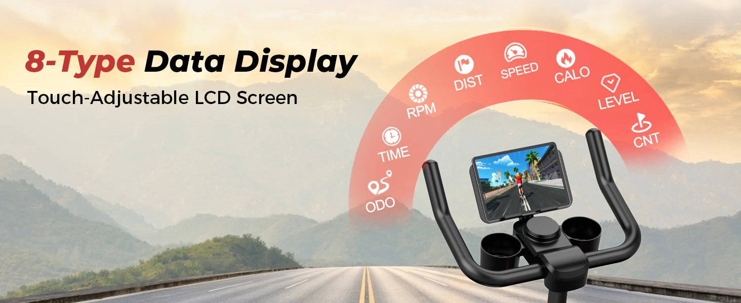 Fitness bike with digital display and mountain road background