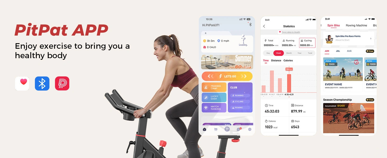 PitPat app interface with a woman exercising on a bike, showing app features on a smartphone screen.