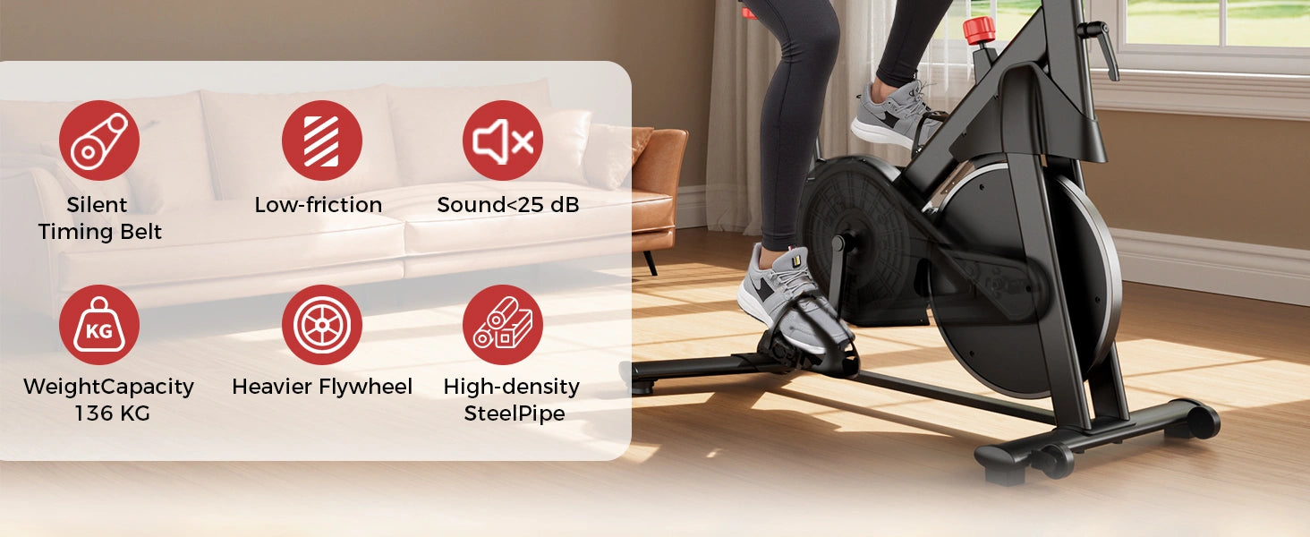 Exercise bike with features highlighted on a white overlay