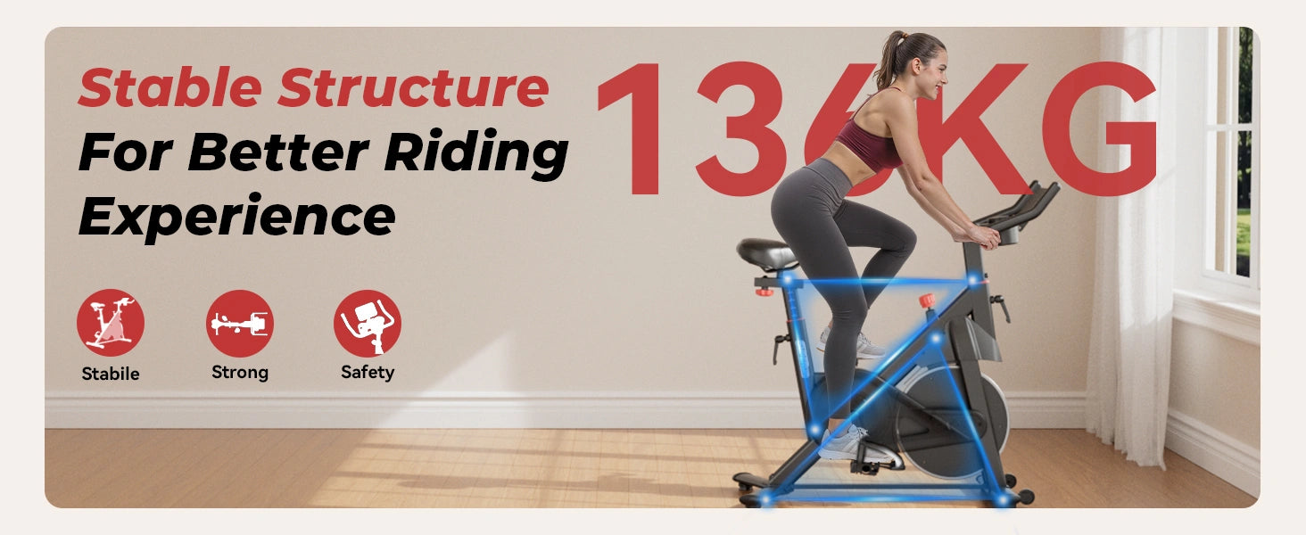 Woman exercising on a stationary bike with text about stable structure and weight capacity.