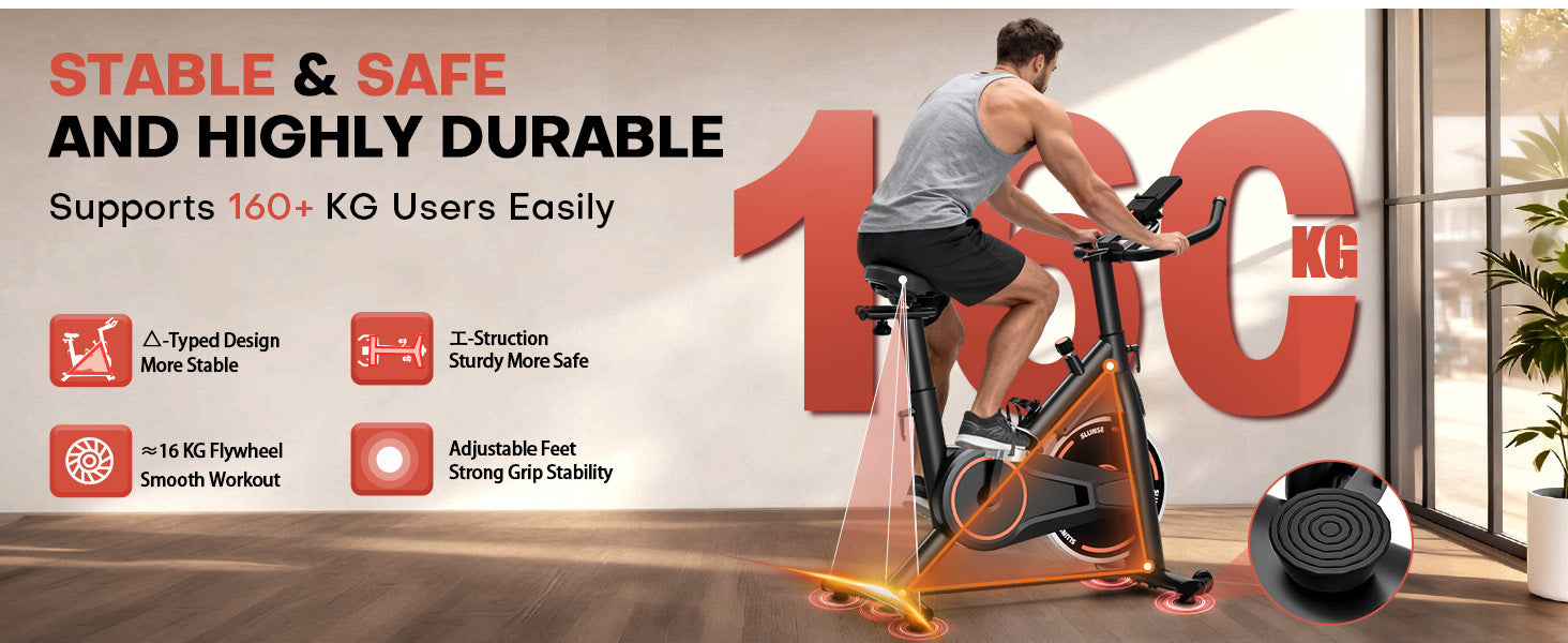 Person using an exercise bike with promotional text about stability, safety, durability, and weight capacity.