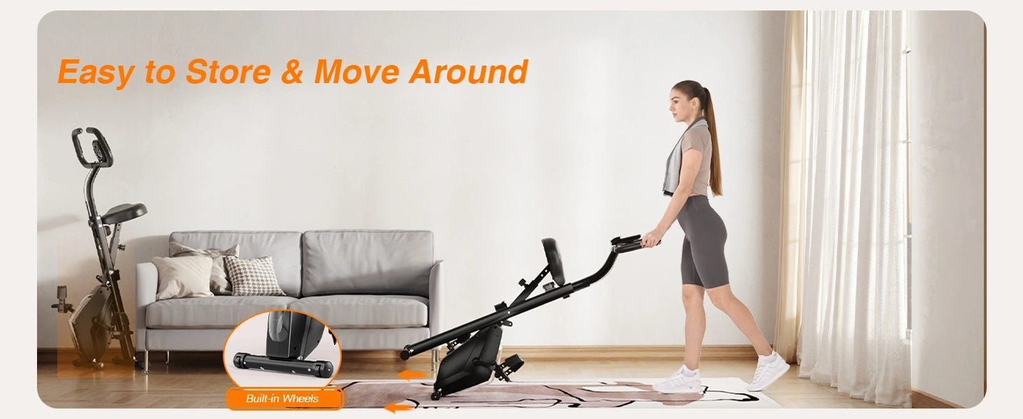 Woman moving a folded exercise bike in a living room with text 'Easy to Store & Move Around'.