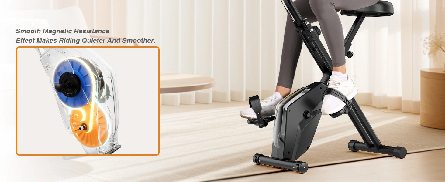 Person using a magnetic resistance exercise bike with close-up of resistance mechanism.