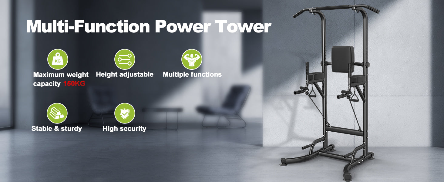 Multi-function power tower with features listed on a gray background