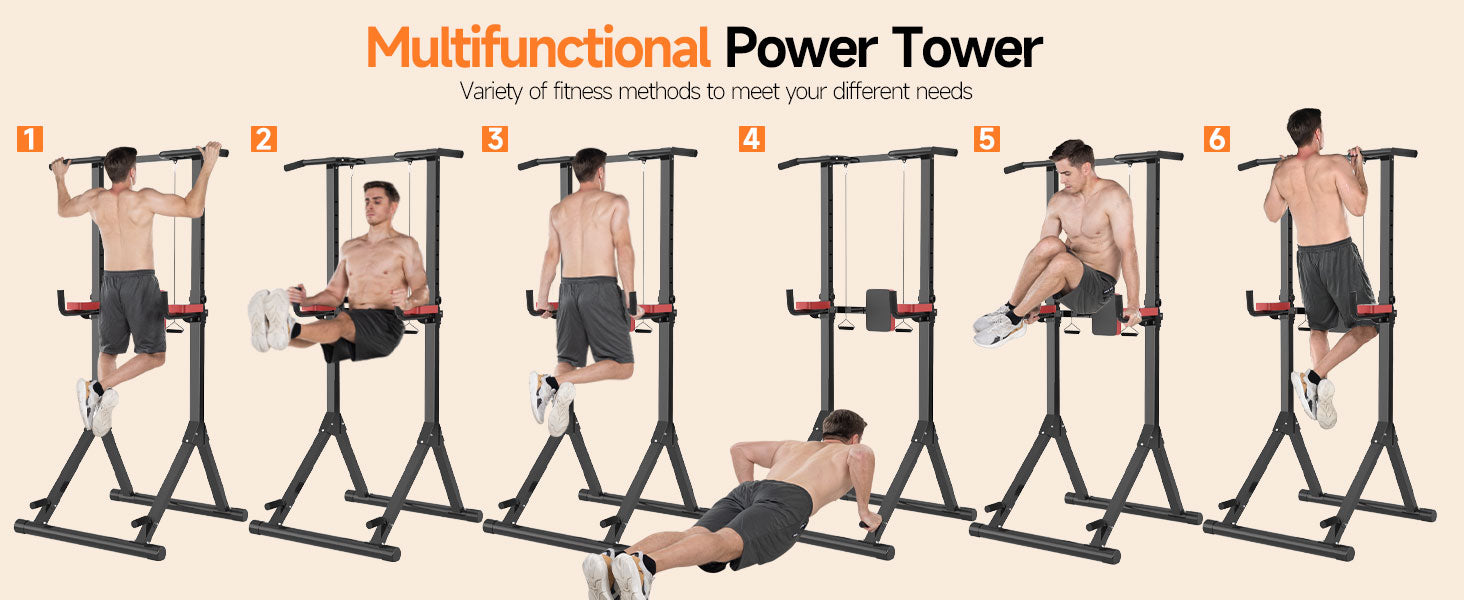 Multifunctional power tower with various fitness methods demonstrated by people using it.