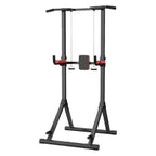 Black and red pull-up bar and weight stand on a white background