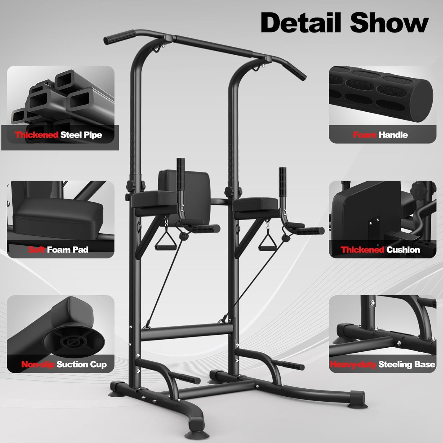 Black exercise station with detailed features on a gray background