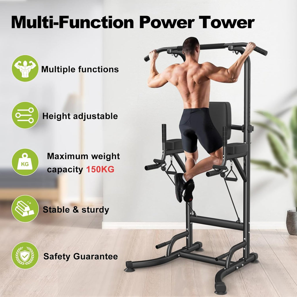 Multi-function power tower with a person using it, featuring text on its features.