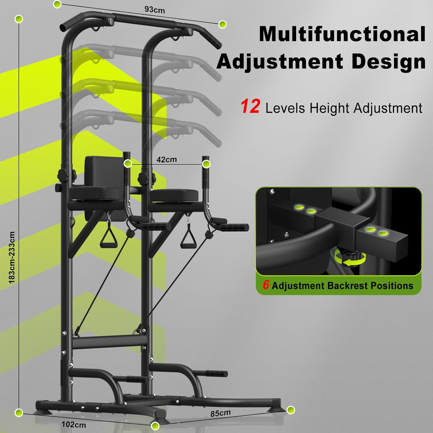 Multifunctional exercise tower with height adjustment features on a gray background
