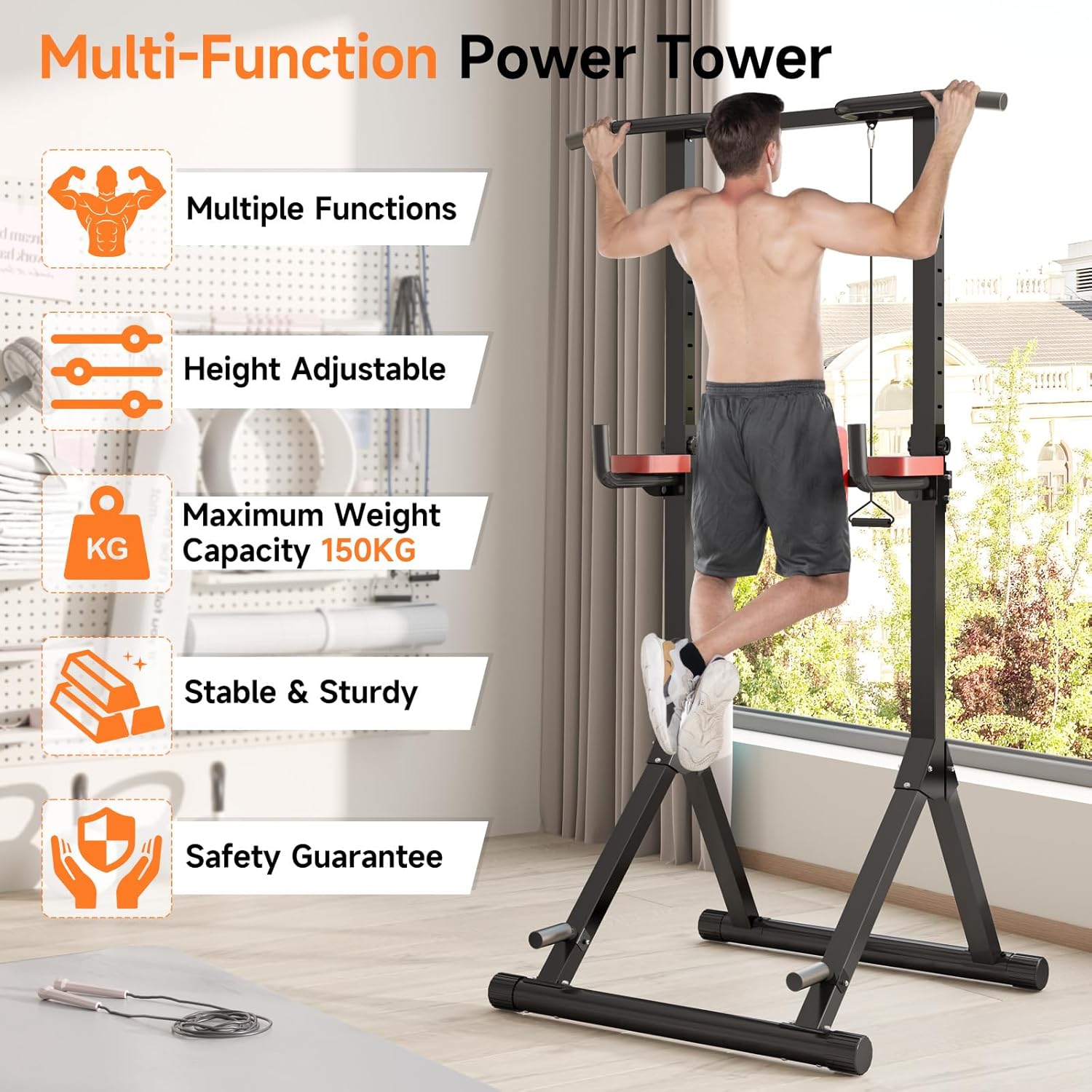 Multi-function power tower with a person using it in a home setting, featuring multiple functions, height adjustable, maximum weight capacity, stable & sturdy, and safety guarantee.