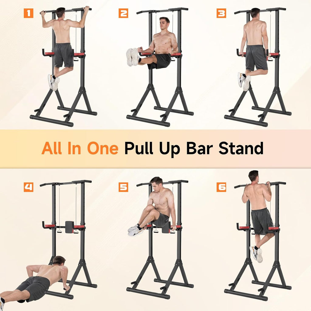 All-in-one pull-up bar stand with various exercises demonstrated.