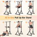 All-in-one pull-up bar stand with various exercises demonstrated.