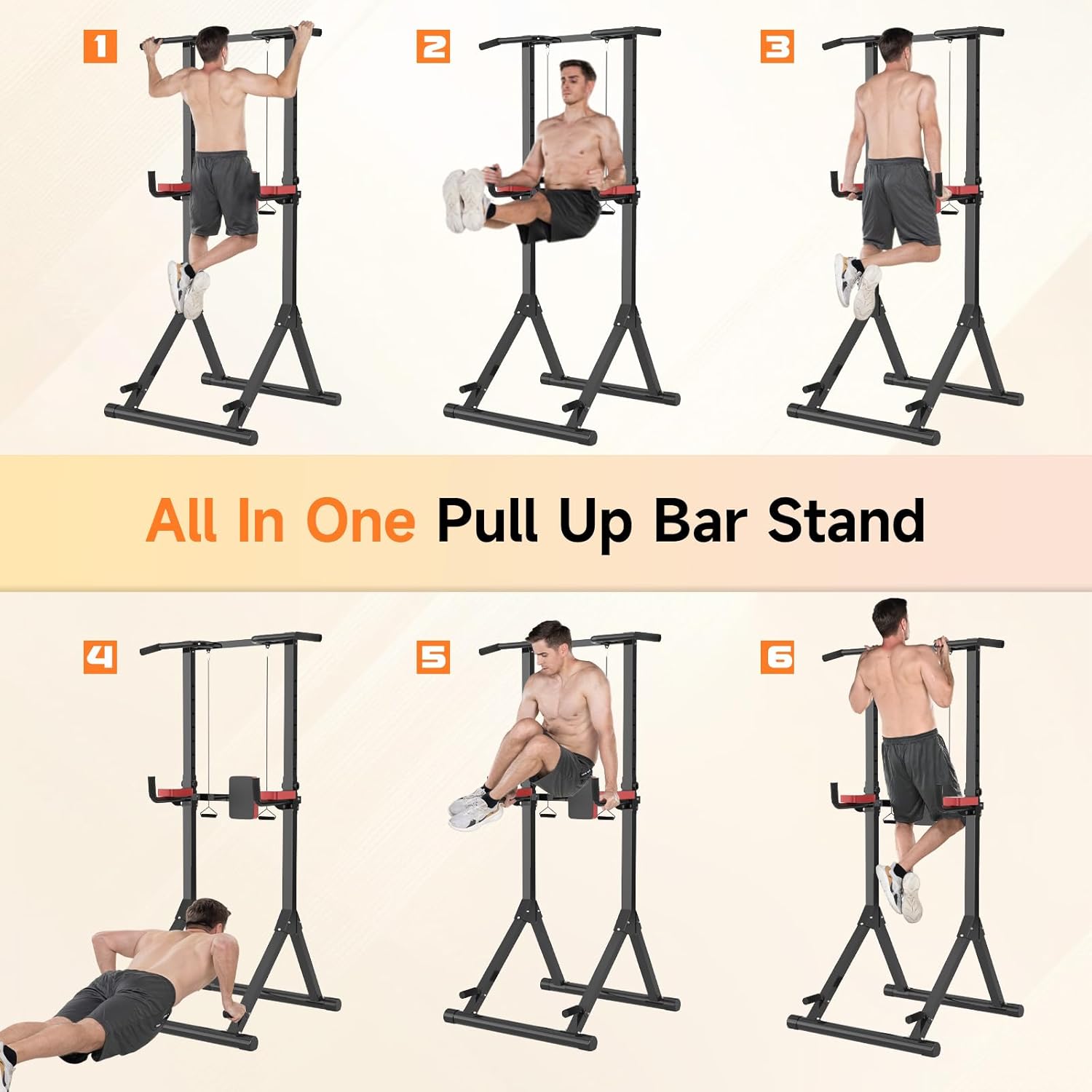 All-in-one pull-up bar stand with various exercises demonstrated.