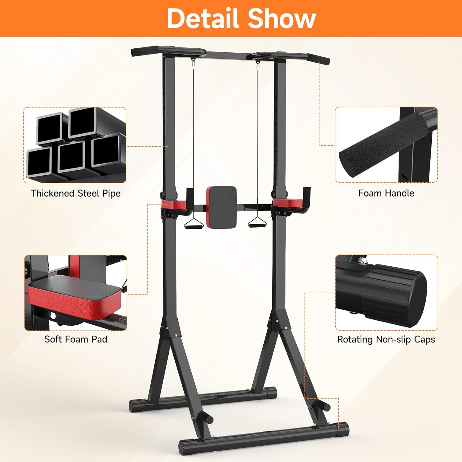 Fitness pull-up stand with detailed features on a beige background