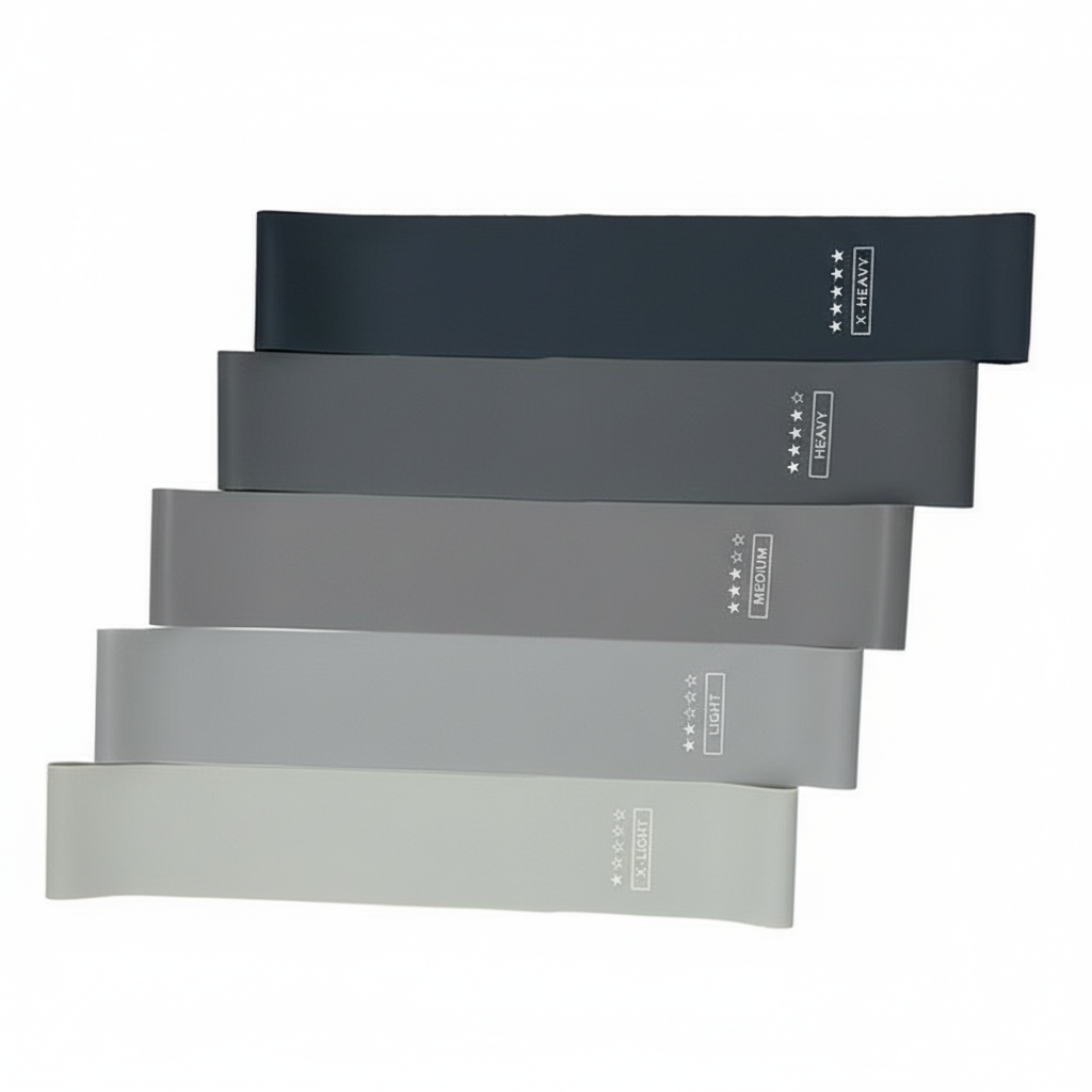 Set of 5 black, gray, and white resistance bands on a white background