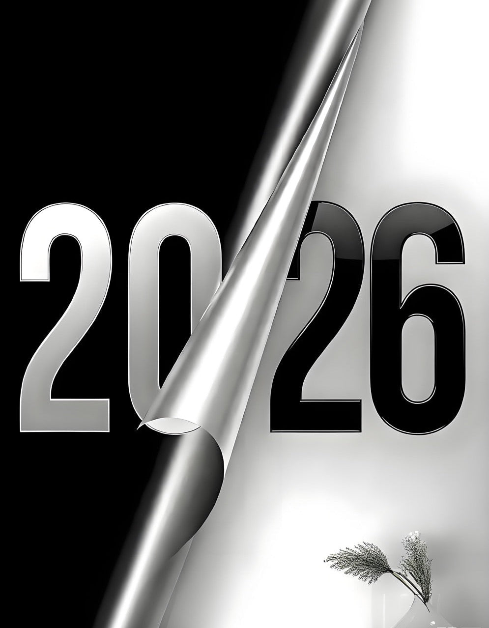 Metallic '2026' design on a black and white background