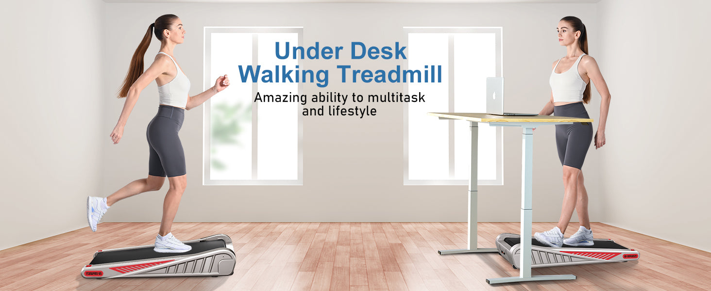 Woman using an under desk walking treadmill with text highlighting its multitasking ability.