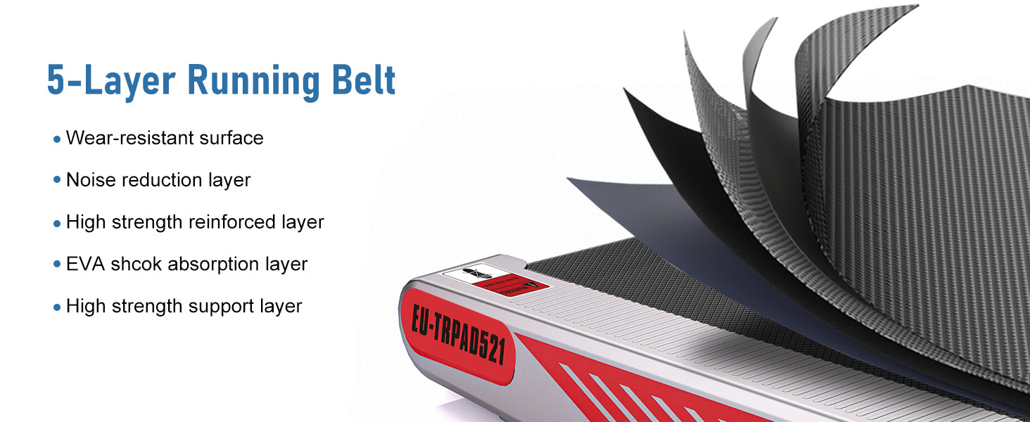 Treadmill with a 5-layer running belt and text detailing its features on a white background.