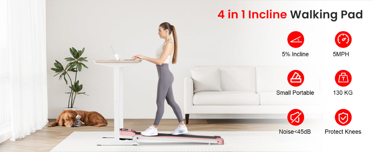 Woman using a 4-in-1 incline walking pad in a living room setting.