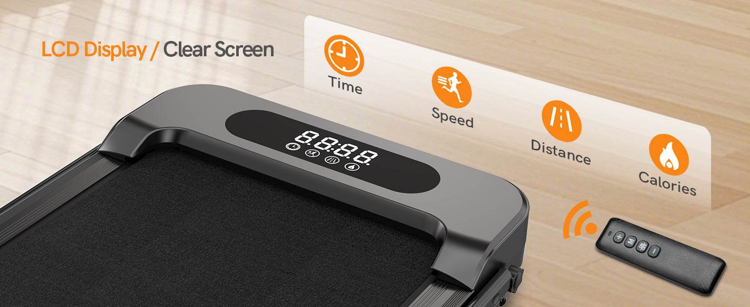 Treadmill with digital display and remote control on a wooden surface