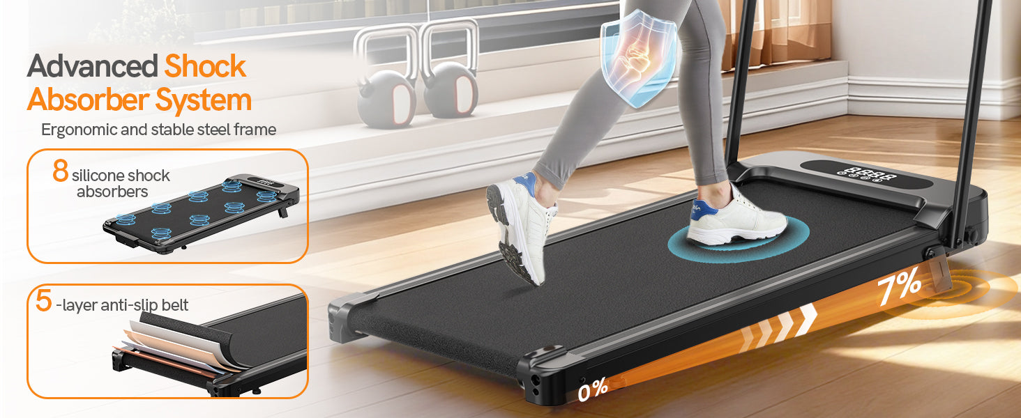 Person using a portable treadmill with features highlighted on the screen.