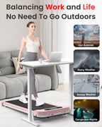 Woman using a treadmill desk in a home setting with weather condition icons displayed.
