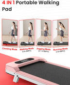 Portable walking pad with climbing, walking, jogging, and running modes on a white background.