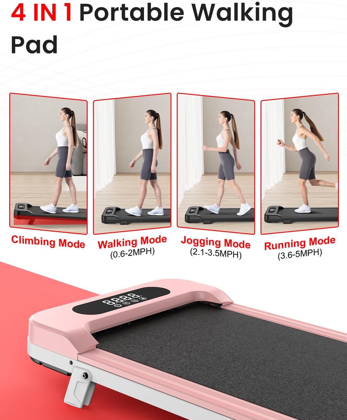 Portable walking pad with climbing, walking, jogging, and running modes on a white background.