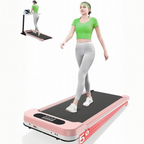 Woman using a pink and white treadmill with digital display on a white background