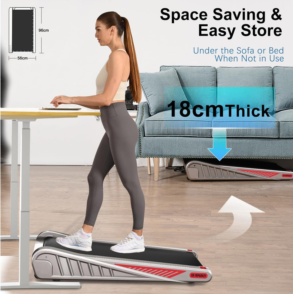 Woman using a space-saving treadmill under a sofa with text highlighting its thickness and portability.