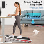 Woman using a space-saving treadmill under a sofa with text highlighting its thickness and portability.