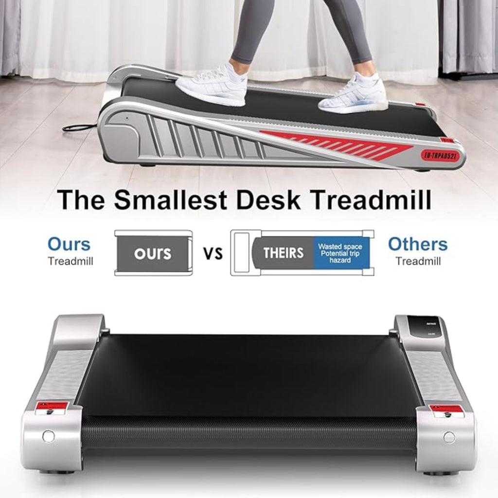 Compact treadmill with a person using it, labeled as 'The Smallest Desk Treadmill' with a comparison to other treadmills.