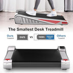 Compact treadmill with a person using it, labeled as 'The Smallest Desk Treadmill' with a comparison to other treadmills.
