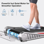 Person using a treadmill with text highlighting motor power and noise level.