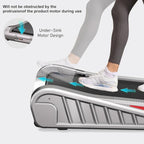 Person using a portable step machine with text highlighting under-sink motor design.