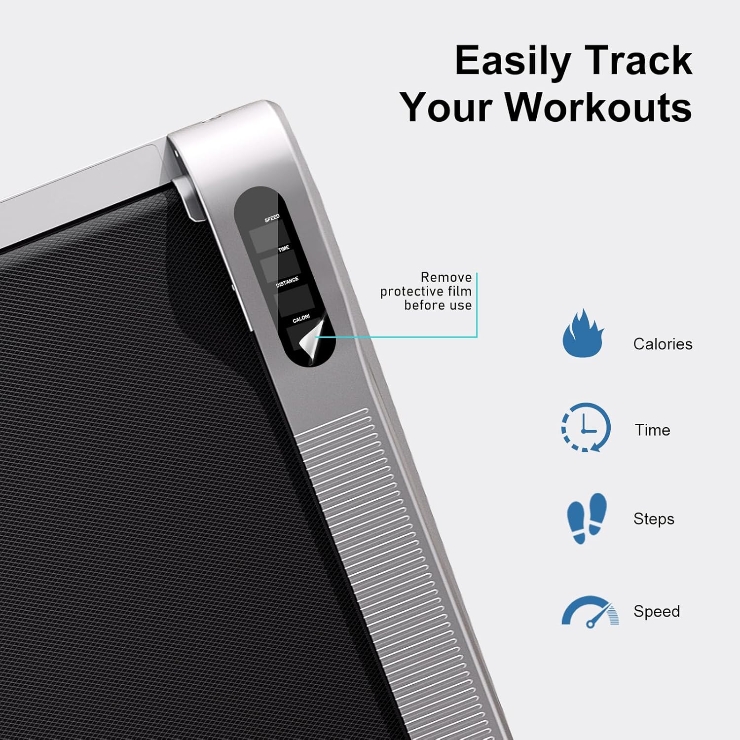 Step counter device with digital display and text 'Easily Track Your Workouts' on a white background.