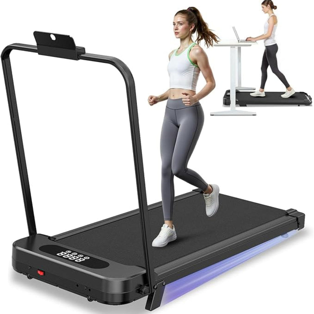 Portable treadmill with a woman using it and another person using a standing desk.