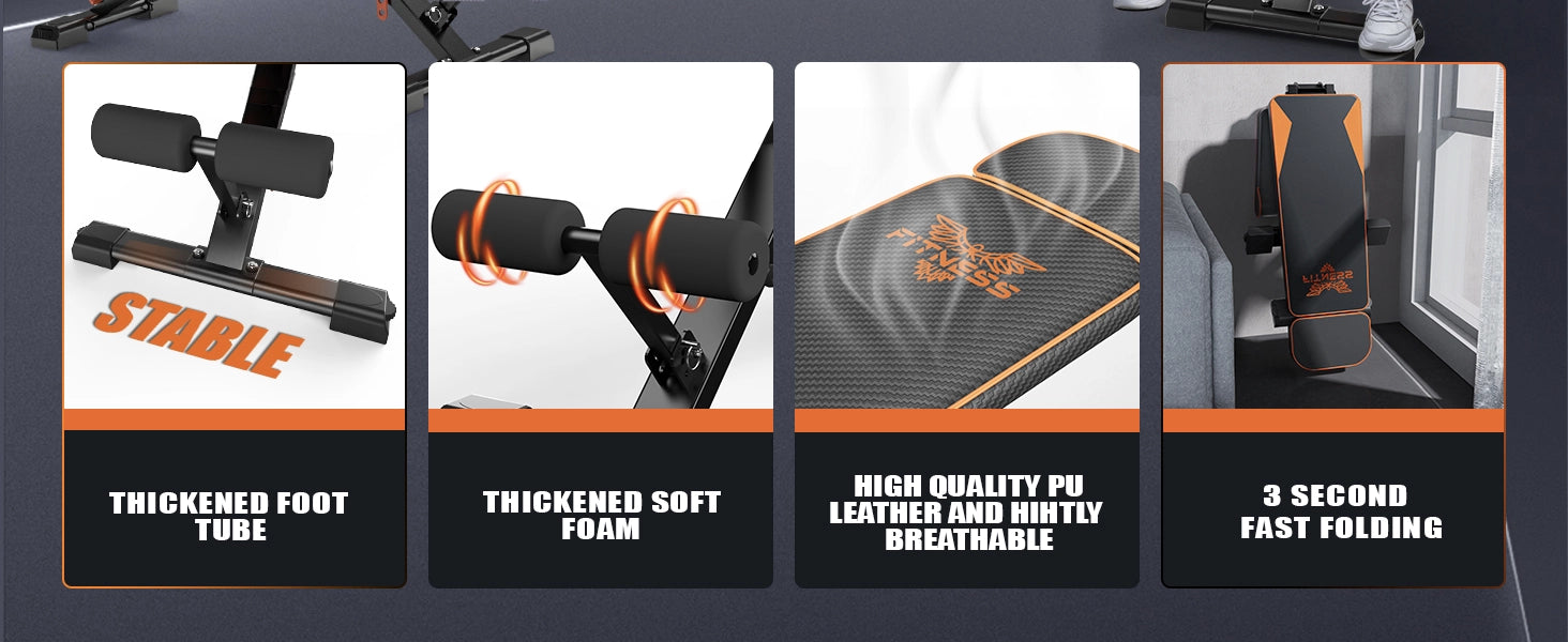 Product features of a fitness bench with text highlighting design elements.