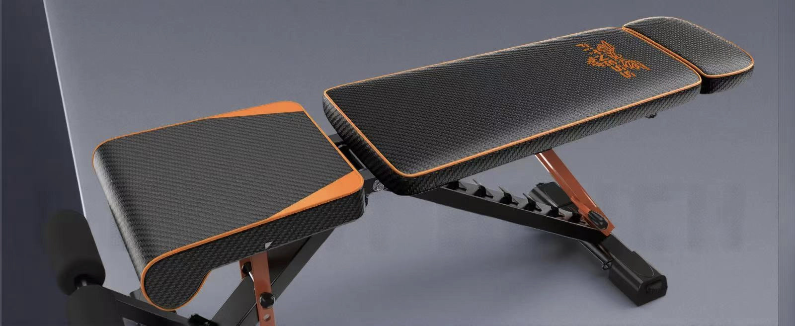Adjustable weight bench with black and orange design on a gray background
