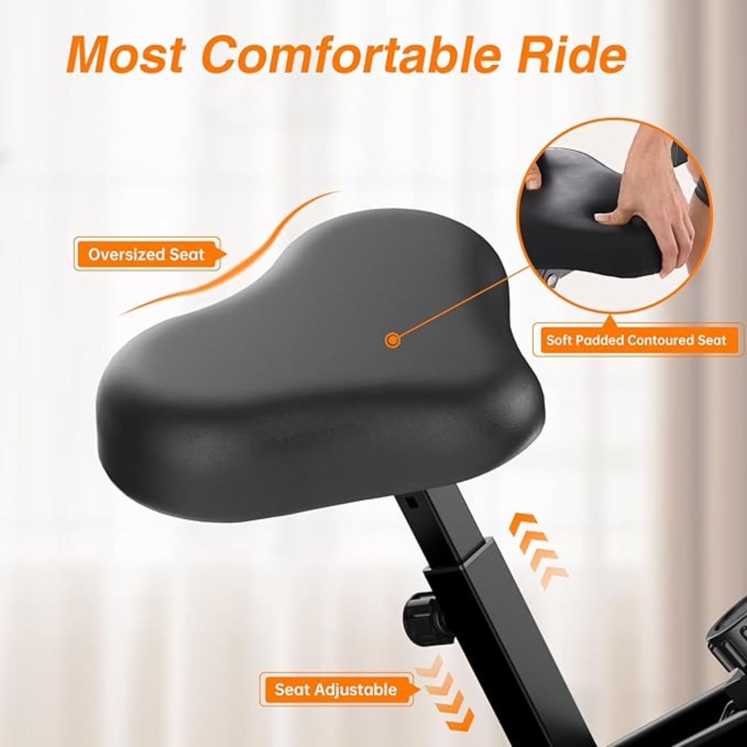Bicycle seat with oversized and soft padded design, labeled 'Most Comfortable Ride'.